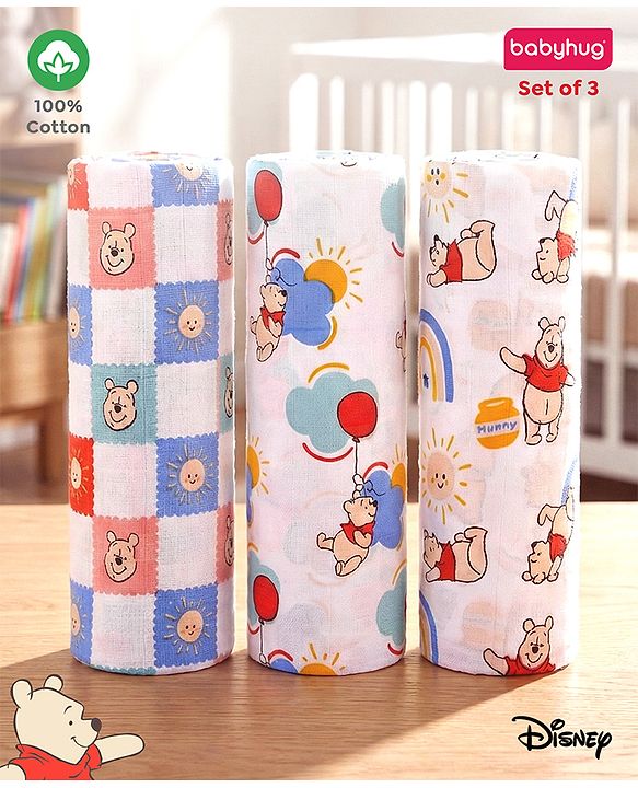 Babyhug Disney 100% Cotton Muslin Multipurpose Swaddle Wrap Winnie The Pooh Print| Breathable Hypoallergenic Fabric| Nursing Cover Stroller Cover Burp Cloth Pack of 3 - Multicolor