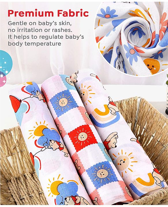 Babyhug Disney 100% Cotton Muslin Multipurpose Swaddle Wrap Winnie The Pooh Print| Breathable Hypoallergenic Fabric| Nursing Cover Stroller Cover Burp Cloth Pack of 3 - Multicolor