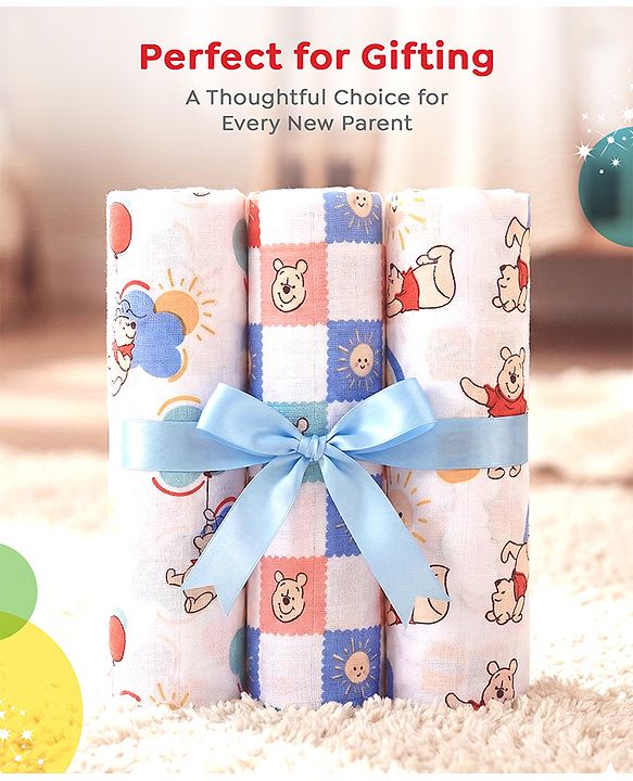 Babyhug Disney 100% Cotton Muslin Multipurpose Swaddle Wrap Winnie The Pooh Print| Breathable Hypoallergenic Fabric| Nursing Cover Stroller Cover Burp Cloth Pack of 3 - Multicolor