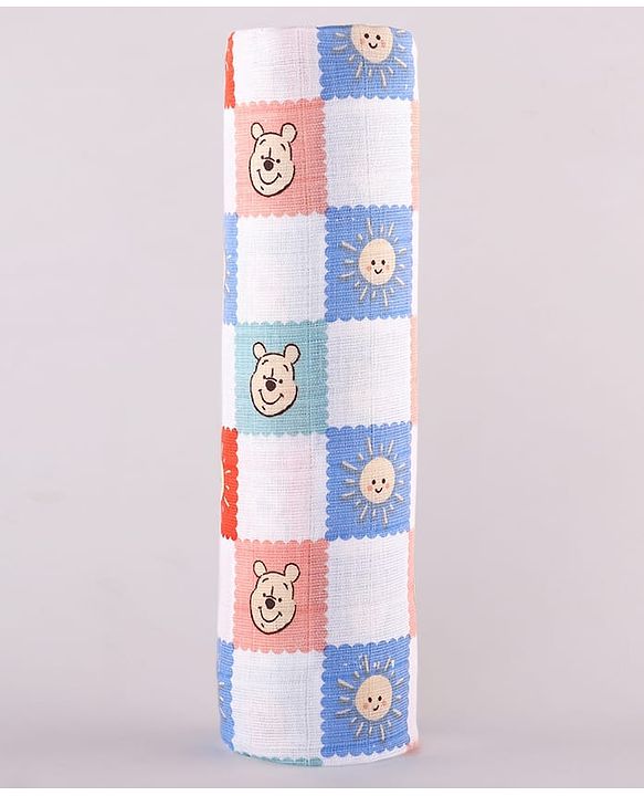 Babyhug Disney 100% Cotton Muslin Multipurpose Swaddle Wrap Winnie The Pooh Print| Breathable Hypoallergenic Fabric| Nursing Cover Stroller Cover Burp Cloth Pack of 3 - Multicolor