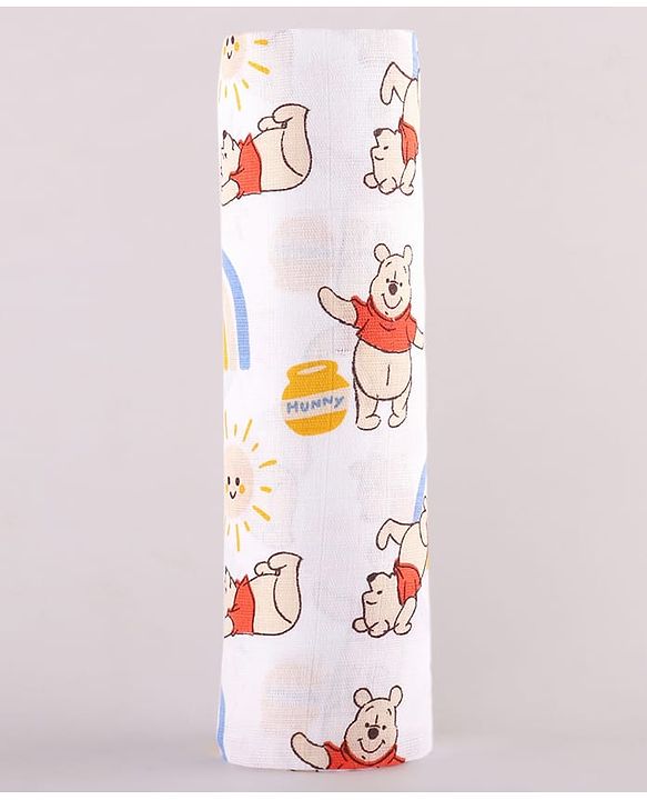 Babyhug Disney 100% Cotton Muslin Multipurpose Swaddle Wrap Winnie The Pooh Print| Breathable Hypoallergenic Fabric| Nursing Cover Stroller Cover Burp Cloth Pack of 3 - Multicolor