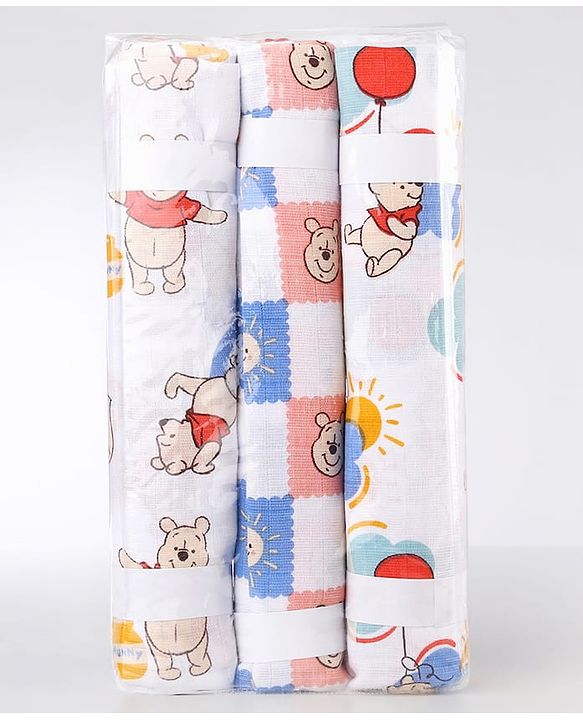 Babyhug Disney 100% Cotton Muslin Multipurpose Swaddle Wrap Winnie The Pooh Print| Breathable Hypoallergenic Fabric| Nursing Cover Stroller Cover Burp Cloth Pack of 3 - Multicolor