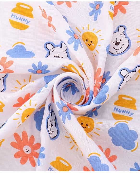 Babyhug Disney 100% Cotton Muslin Multipurpose Swaddle Wrap Winnie The Pooh Print| Breathable Hypoallergenic Fabric| Nursing Cover Stroller Cover Burp Cloth Pack of 3 - Multicolor