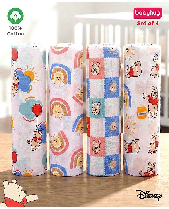 Babyhug Disney 100% Cotton Muslin Multipurpose Swaddle Wrap Winnie The Pooh Print| Breathable Hypoallergenic Fabric| Nursing Cover Stroller Cover Burp Cloth Pack of 3 - Multicolor