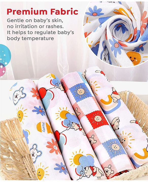 Babyhug Disney 100% Cotton Muslin Multipurpose Swaddle Wrap Winnie The Pooh Print| Breathable Hypoallergenic Fabric| Nursing Cover Stroller Cover Burp Cloth Pack of 3 - Multicolor