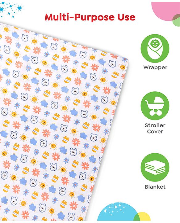 Babyhug Disney 100% Cotton Muslin Multipurpose Swaddle Wrap Winnie The Pooh Print| Breathable Hypoallergenic Fabric| Nursing Cover Stroller Cover Burp Cloth Pack of 3 - Multicolor