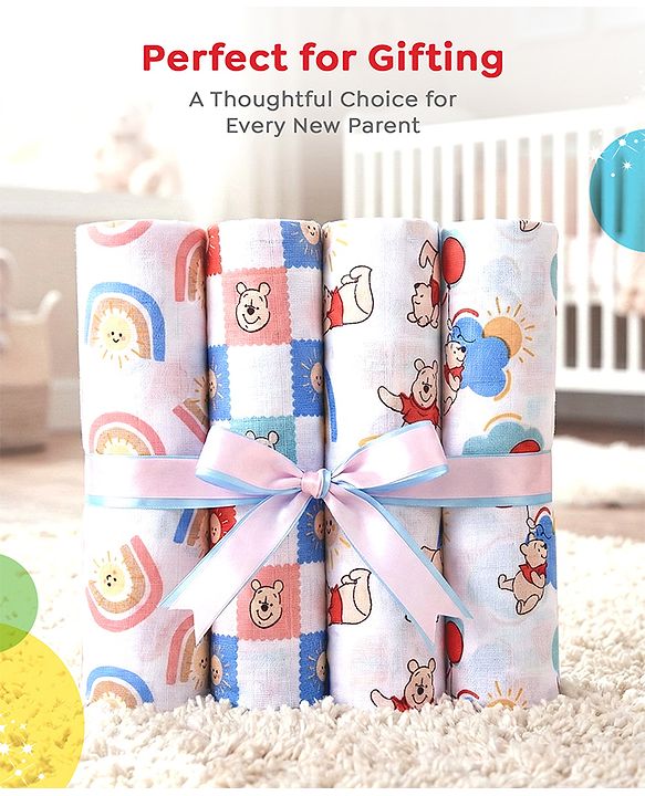 Babyhug Disney 100% Cotton Muslin Multipurpose Swaddle Wrap Winnie The Pooh Print| Breathable Hypoallergenic Fabric| Nursing Cover Stroller Cover Burp Cloth Pack of 3 - Multicolor