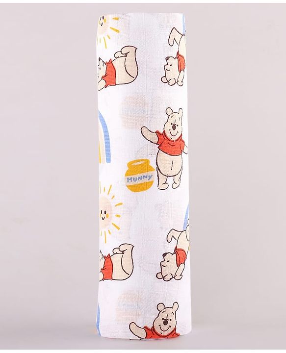Babyhug Disney 100% Cotton Muslin Multipurpose Swaddle Wrap Winnie The Pooh Print| Breathable Hypoallergenic Fabric| Nursing Cover Stroller Cover Burp Cloth Pack of 3 - Multicolor