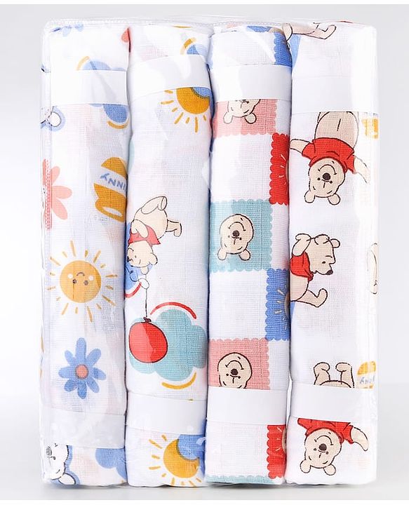 Babyhug Disney 100% Cotton Muslin Multipurpose Swaddle Wrap Winnie The Pooh Print| Breathable Hypoallergenic Fabric| Nursing Cover Stroller Cover Burp Cloth Pack of 3 - Multicolor