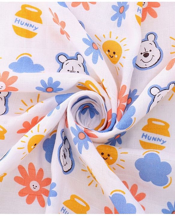 Babyhug Disney 100% Cotton Muslin Multipurpose Swaddle Wrap Winnie The Pooh Print| Breathable Hypoallergenic Fabric| Nursing Cover Stroller Cover Burp Cloth Pack of 3 - Multicolor