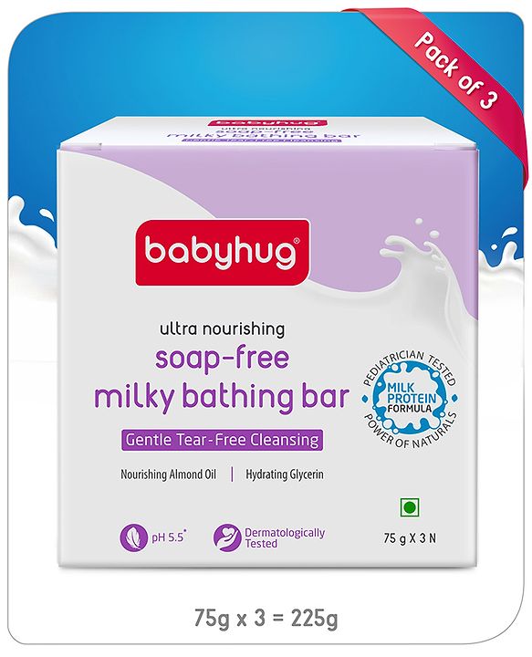 Babyhug pH 5.5 Ultra Nourishing Soap-Free Milky Bathing Bar - 75 g |Free Soap Tray |Does not Dry Skin|Prevents Rashes | Dermatologically & Pediatrician Tested|Extra Mild | Gentle Tear-free Cleansing