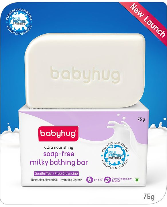 Babyhug pH 5.5 Ultra Nourishing Soap-Free Milky Bathing Bar - 75 g |Free Soap Tray |Does not Dry Skin|Prevents Rashes | Dermatologically & Pediatrician Tested|Extra Mild | Gentle Tear-free Cleansing