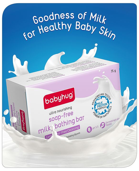 Babyhug pH 5.5 Ultra Nourishing Soap-Free Milky Bathing Bar - 75 g |Free Soap Tray |Does not Dry Skin|Prevents Rashes | Dermatologically & Pediatrician Tested|Extra Mild | Gentle Tear-free Cleansing