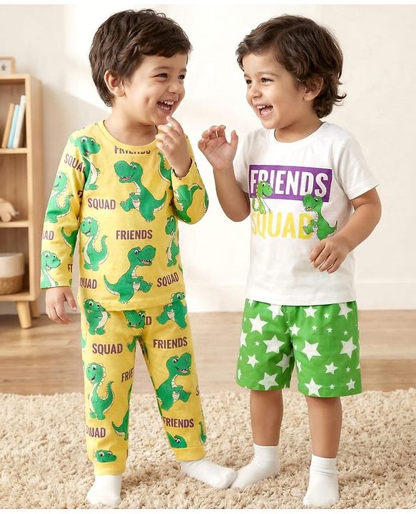 Babyhug Cotton Knit Half Sleeves Shorts & Full Sleeves Co-ord Night Suits with Dino Print - Yellow Green & White