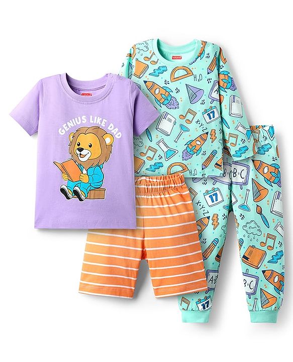 Babyhug Cotton Knit Half Sleeves Shorts Set With Lion Print & Full Sleeves Night Suit With Rocket Print - Multicolour