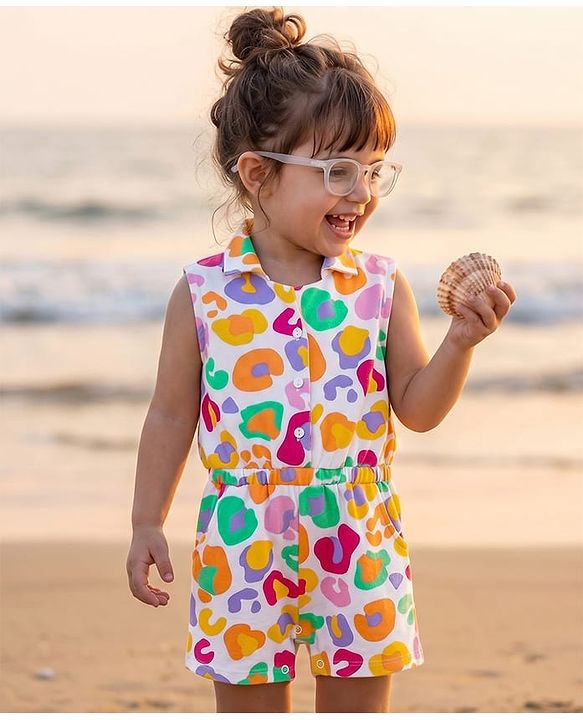 Babyhug Cotton Knit Sleeveless Jumpsuit With Abstract Print - Multicolour
