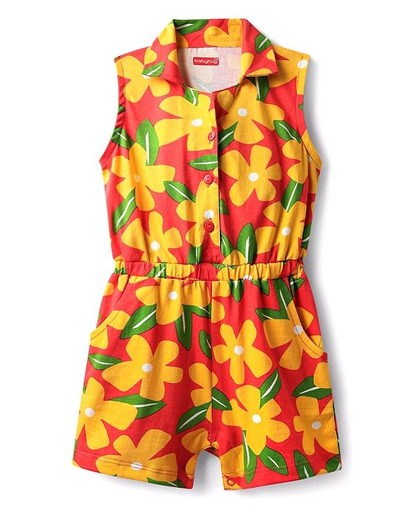 Babyhug Cotton Knit Sleeveless Jumpsuit With Floral Print - Yellow