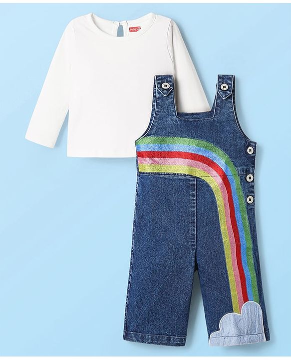 Babyhug Cotton Knit Full Sleeves Dungaree Style Jumpsuit With Rainbow Embroidery - Blue & White