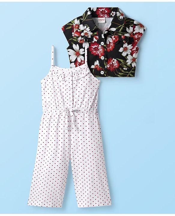 Babyhug Cotton Knit Cap Sleeves Shirt with Jumpsuit Set with Floral Print - Black & White