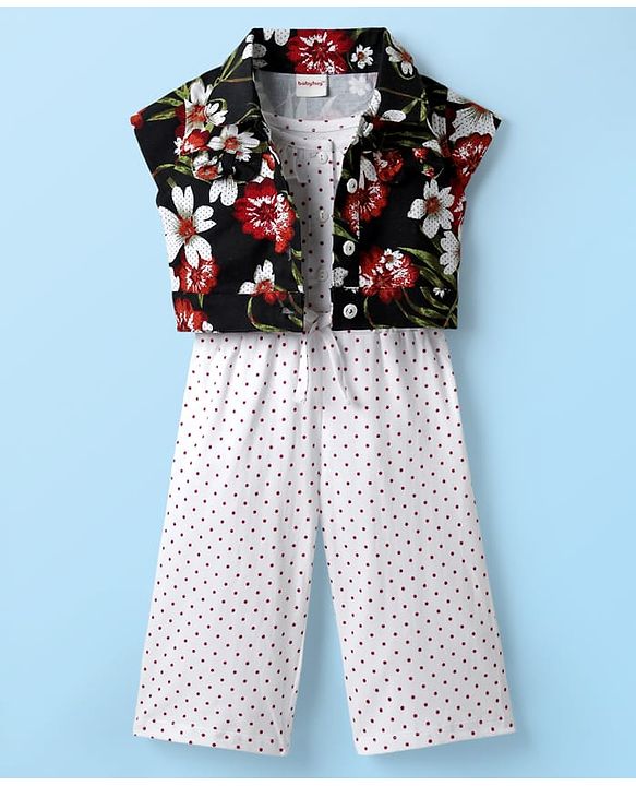 Babyhug Cotton Knit Cap Sleeves Shirt with Jumpsuit Set with Floral Print - Black & White