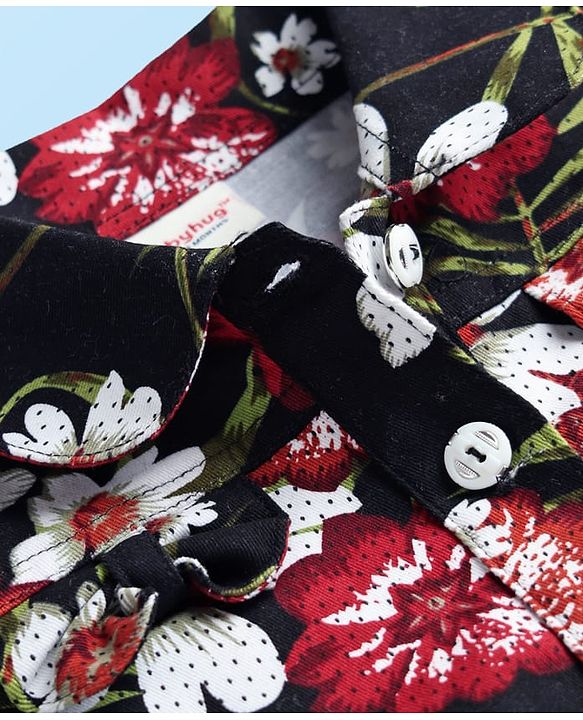 Babyhug Cotton Knit Cap Sleeves Shirt with Jumpsuit Set with Floral Print - Black & White