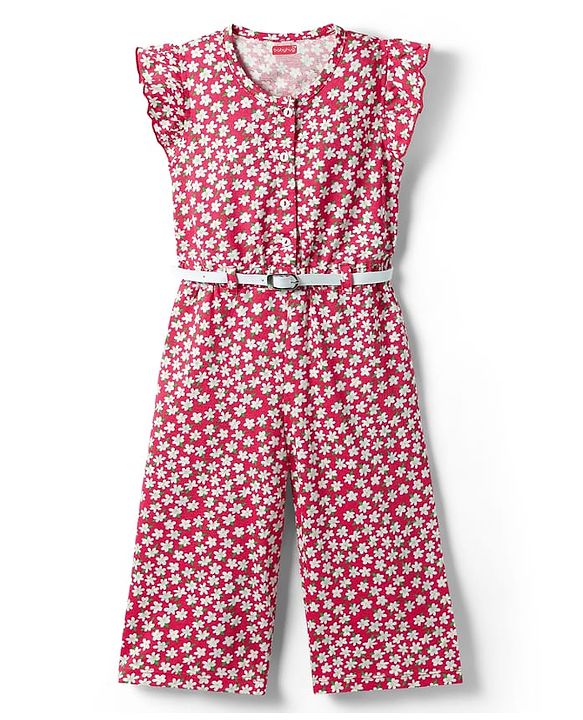 Babyhug Frill Sleeves Jumpsuit With Floral Print - Pink