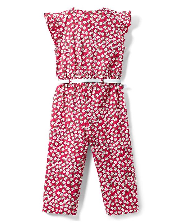Babyhug Frill Sleeves Jumpsuit With Floral Print - Pink