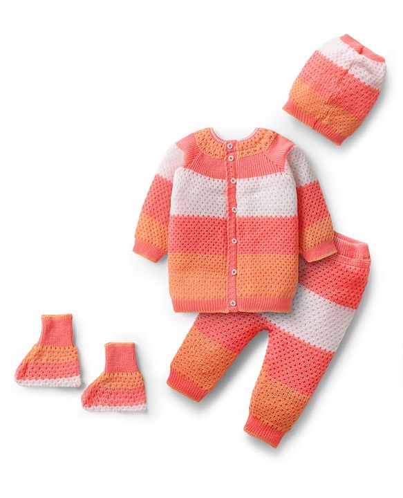 Babyhug Knitted Full Sleeves Striped Front Open Sweater Set with Color Block Design Booties & Cap - Orange