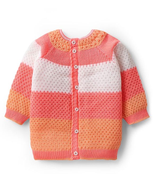 Babyhug Knitted Full Sleeves Striped Front Open Sweater Set with Color Block Design Booties & Cap - Orange