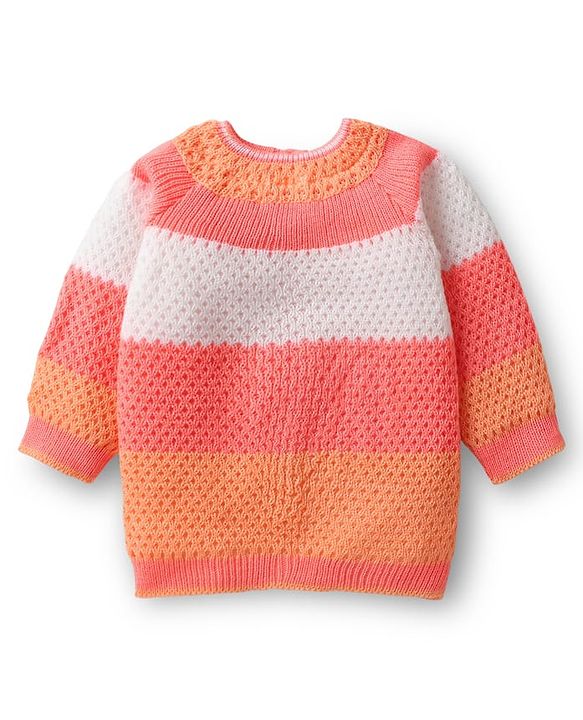 Babyhug Knitted Full Sleeves Striped Front Open Sweater Set with Color Block Design Booties & Cap - Orange