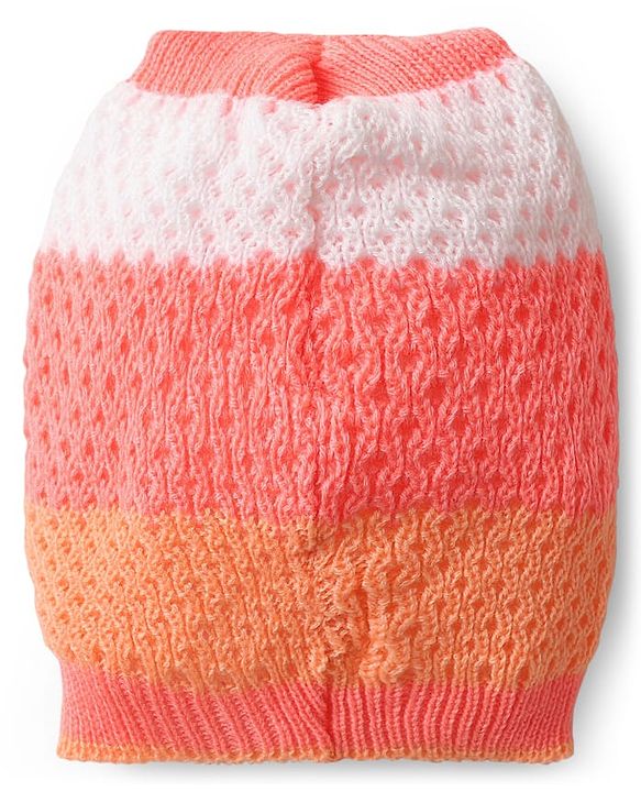 Babyhug Knitted Full Sleeves Striped Front Open Sweater Set with Color Block Design Booties & Cap - Orange