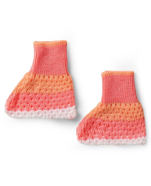 Babyhug Knitted Full Sleeves Striped Front Open Sweater Set with Color Block Design Booties & Cap - Orange
