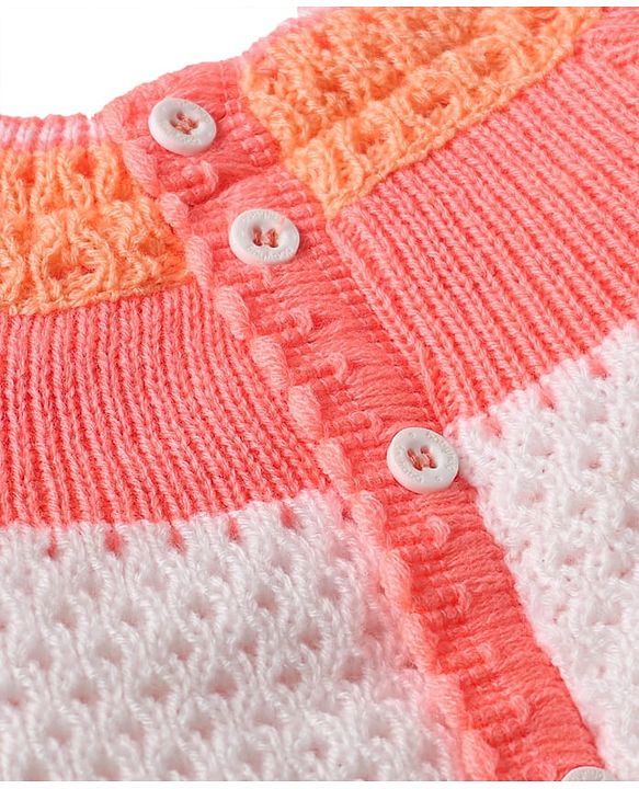 Babyhug Knitted Full Sleeves Striped Front Open Sweater Set with Color Block Design Booties & Cap - Orange