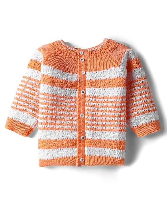 Babyhug Knit Full Sleeves Front Open Striped Sweater Set with Cap & Mittens - Orange
