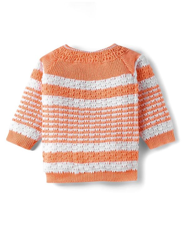 Babyhug Knit Full Sleeves Front Open Striped Sweater Set with Cap & Mittens - Orange
