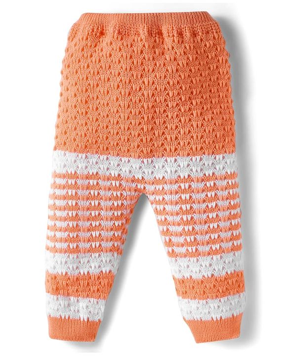 Babyhug Knit Full Sleeves Front Open Striped Sweater Set with Cap & Mittens - Orange