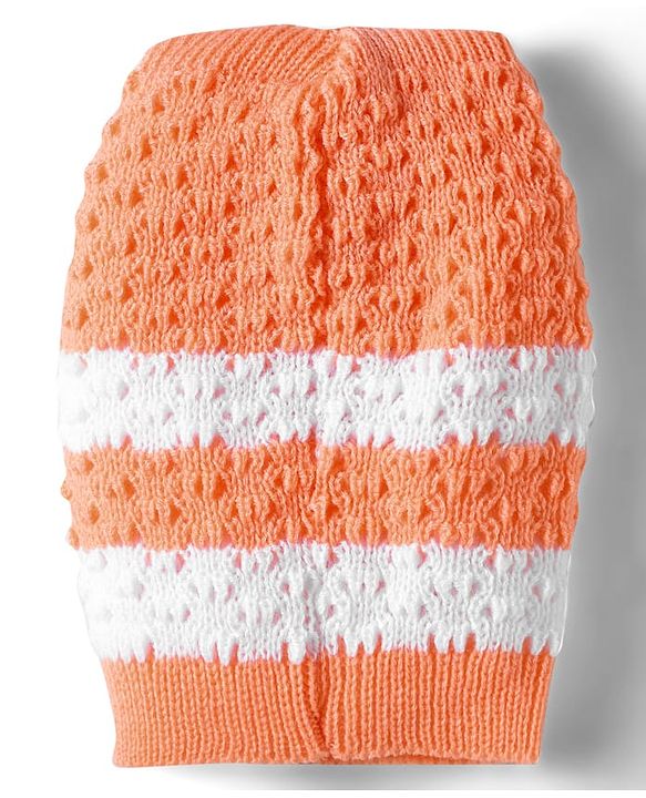 Babyhug Knit Full Sleeves Front Open Striped Sweater Set with Cap & Mittens - Orange