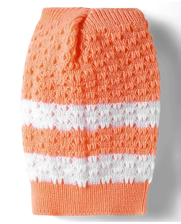 Babyhug Knit Full Sleeves Front Open Striped Sweater Set with Cap & Mittens - Orange