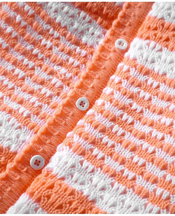 Babyhug Knit Full Sleeves Front Open Striped Sweater Set with Cap & Mittens - Orange