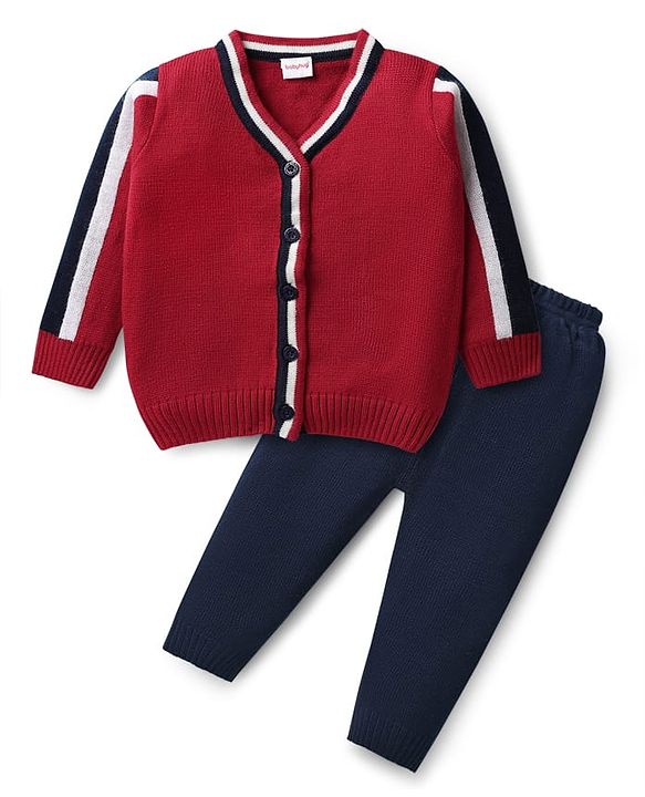 Babyhug Knitted Full Sleeves Solid V Neck Sweater Set with Front Open Button & Tape Design - Red & Navy Blue