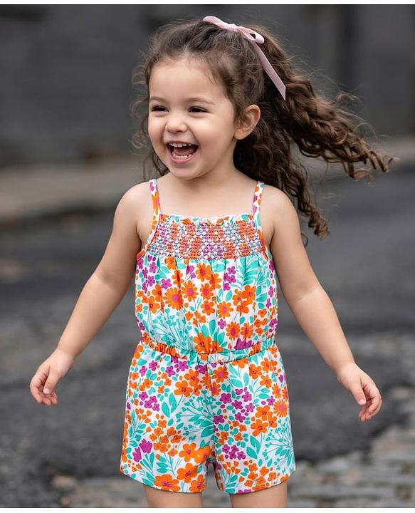 Babyhug Cotton Knit Singlet Sleeves Jumpsuits with Floral Print - Multicolor