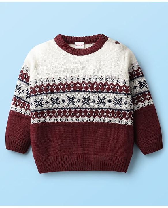 Babyhug Knit Full Sleeves Sweater Set With Aztec Design - Maroon