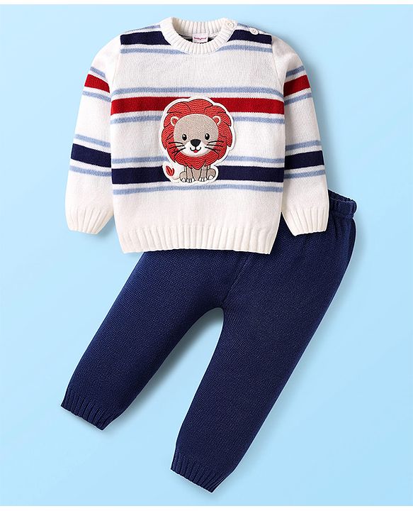 Babyhug Knit Full Sleeves Pullover Sweater Set With Stripes & Lion Patch  - White & Navy Blue