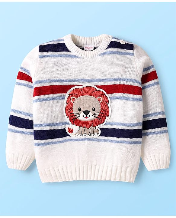 Babyhug Knit Full Sleeves Pullover Sweater Set With Stripes & Lion Patch  - White & Navy Blue