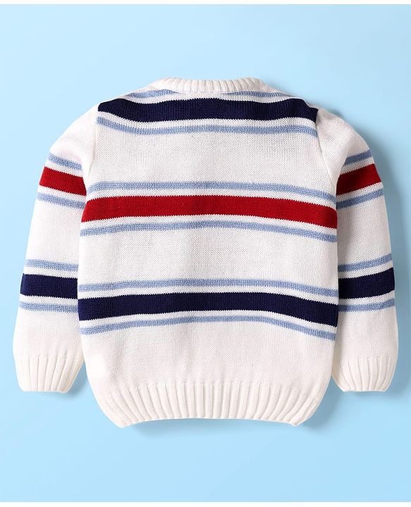 Babyhug Knit Full Sleeves Pullover Sweater Set With Stripes & Lion Patch  - White & Navy Blue