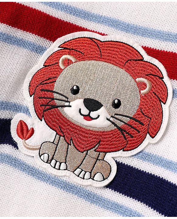 Babyhug Knit Full Sleeves Pullover Sweater Set With Stripes & Lion Patch  - White & Navy Blue