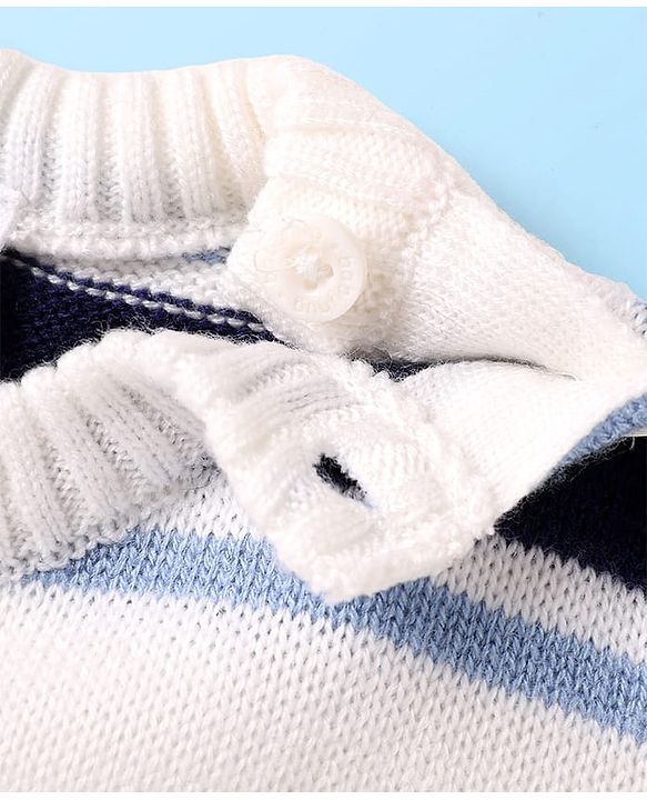 Babyhug Knit Full Sleeves Pullover Sweater Set With Stripes & Lion Patch  - White & Navy Blue