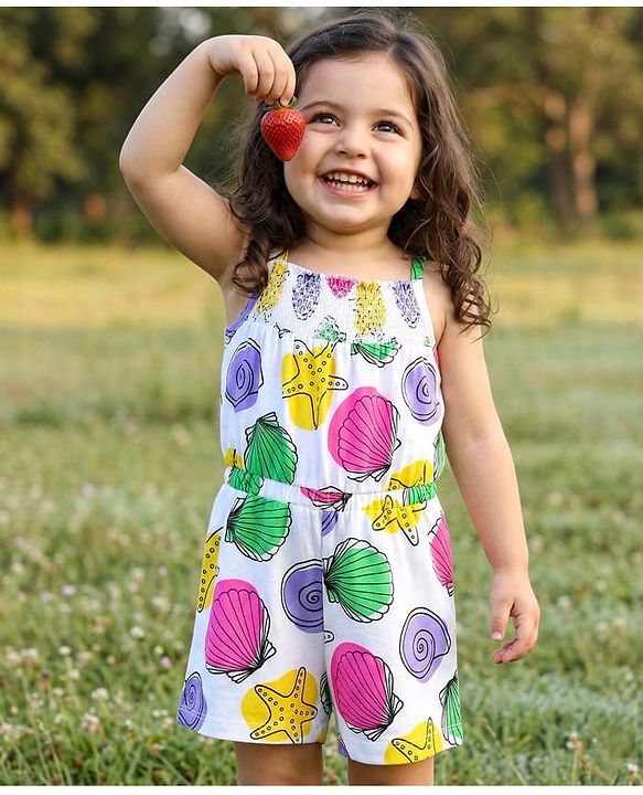 Babyhug Cotton Woven Singlet Sleeves Printed Frock With Smock Detailing Floral Applique & Bloomer - White main image 0