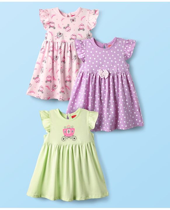 Babyhug Single Jersey Knit Frill Sleeves Frock with Polka Dot Print & Bow Applique Pack of 3 - Light Green Lavender & Pink