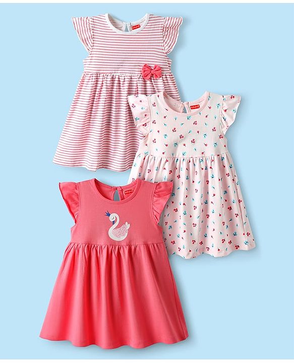 Babyhug 100% Cotton Sleeveless Striped Floral & Birds Printed Frocks Pack Of 3 - Red & White